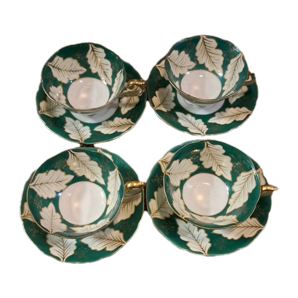 Vtg Ucagco China - Hand Painted Leaf Pedestal Teacup And Saucer‎ x 4 Grn/Gold